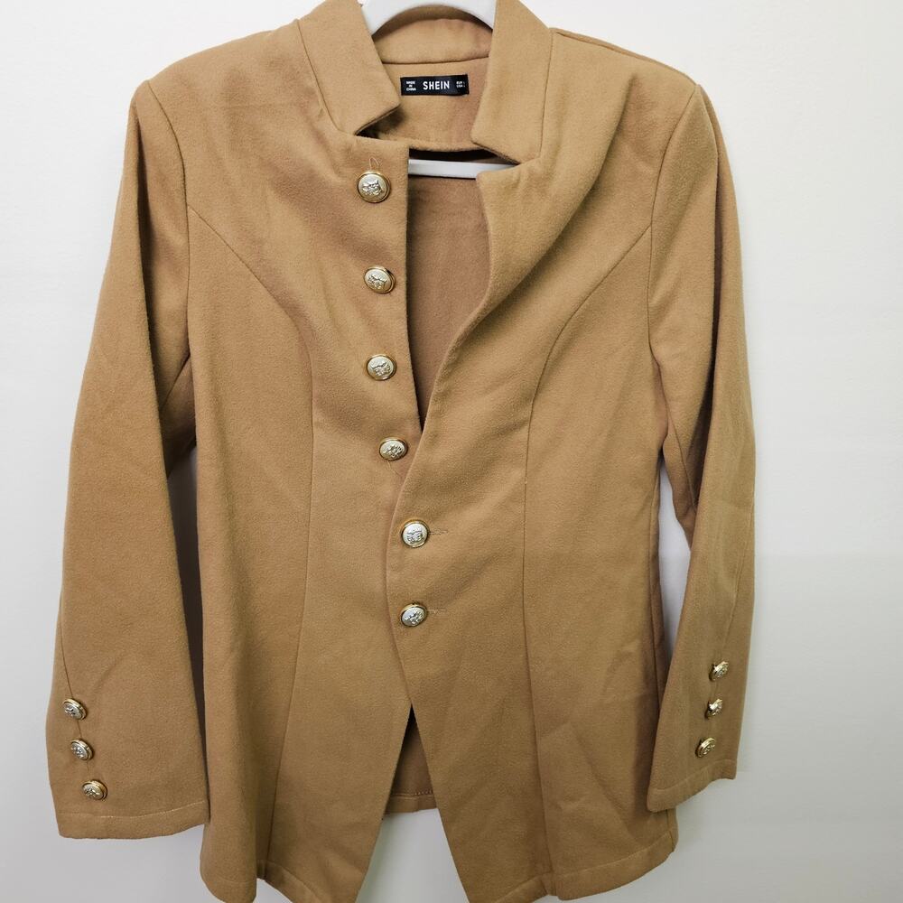 Tan Military Button Blazer Women’s L Structured Camel Jacket Classiccore